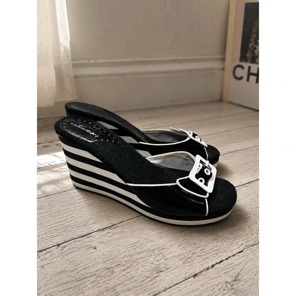 VTG Y2K 2000s Striped Wedge Sandals Buckle Slide Retro 7.5M Mod 90s *READ